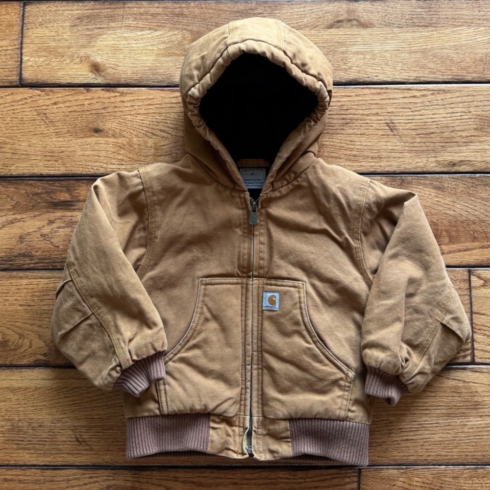 Carhartt Active Jacket Unisex Kids 2T Brown Duck Canvas Quilted Hooded Coat
